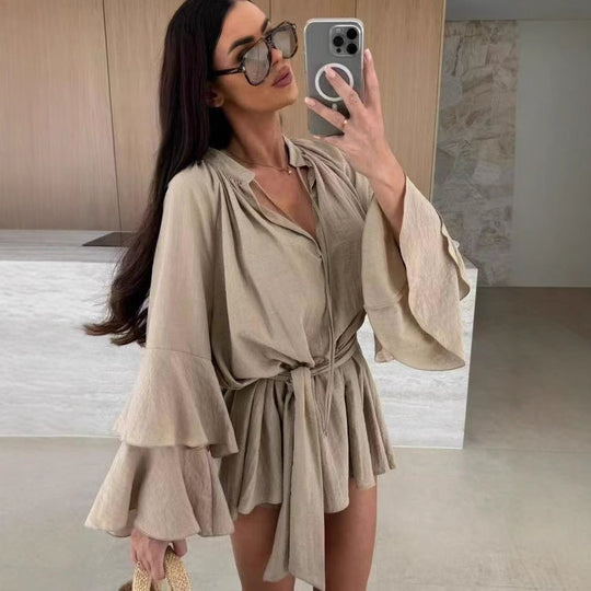 Damen luftige Strandbluse mit voluminösen Ärmeln und Taillengürtel EB