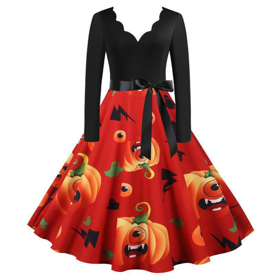 Damen Vintage Swing Kleid mit Halloween-Kürbis-Print und Taillengürtel EB