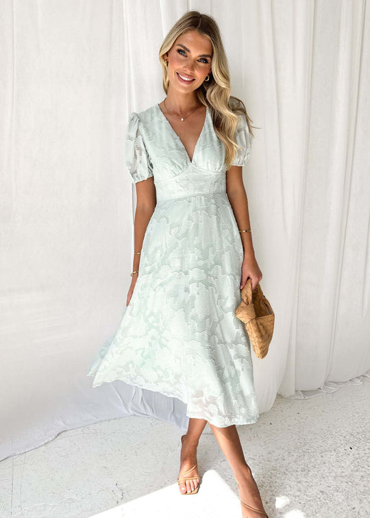 Damen Midi-Kleid mit grafischem Auschnitt und Puffärmeln EB