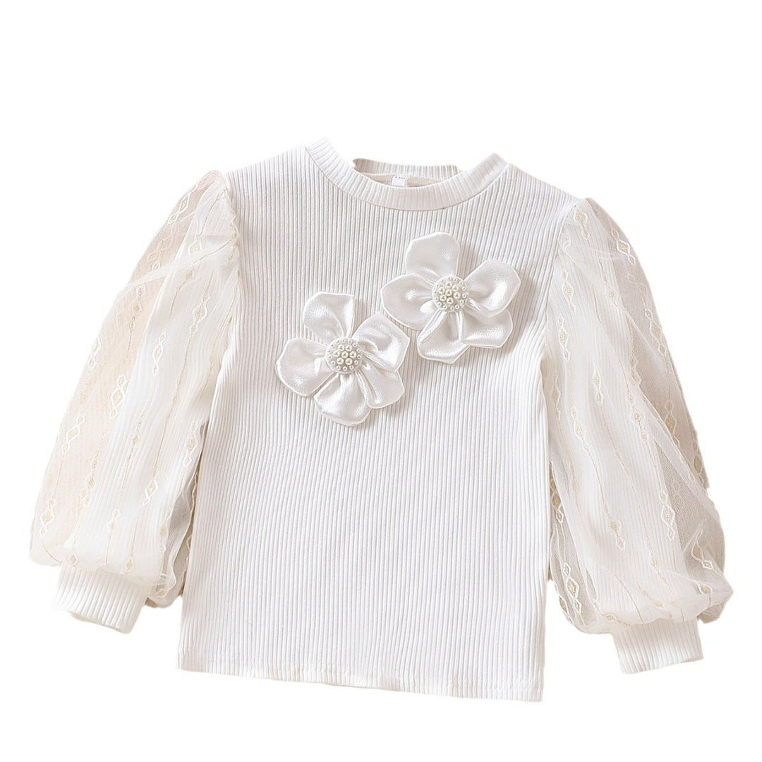 Mädchen modische Bluse mit transparenten Puffärmeln und floralen Akzenten EB