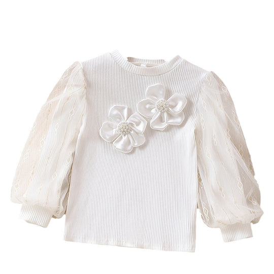 Mädchen modische Bluse mit transparenten Puffärmeln und floralen Akzenten EB