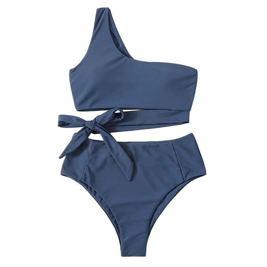 Damen One-Shoulder Bikini mit hoher Taille und seitlichem Bindeband EB