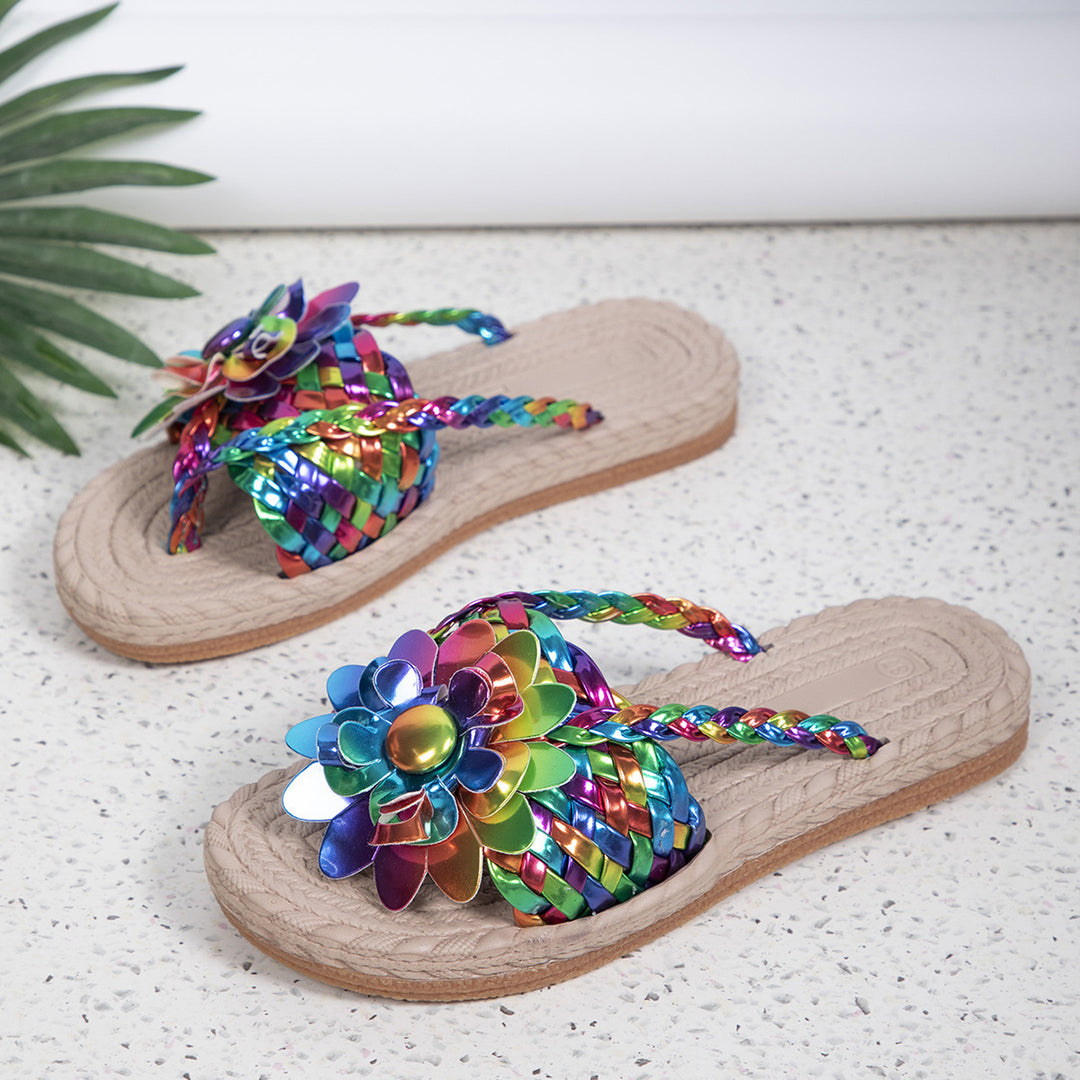 Damen Geflochtene Zehentrenner‑Sandalen mit XXL‑Blütenapplikation und gepolstertem Komfortfußbett EB