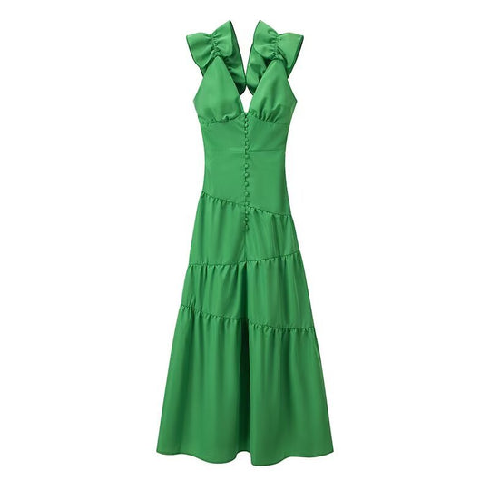 Damen Maxikleid mit schwingendem Rüschendesign und elegantem V-Ausschnitt EB