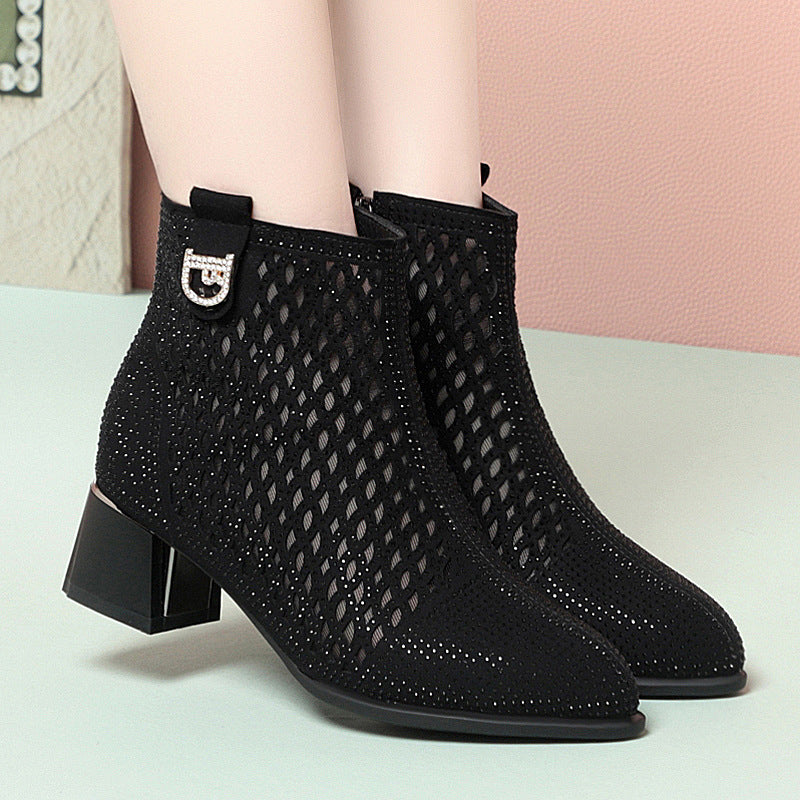 Damen Ankle Boots mit dekorativem Netzdesign und komfortablem Blockabsatz EB