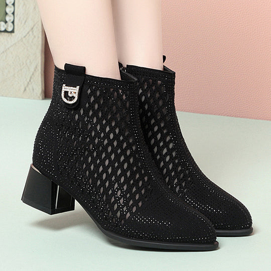 Damen Ankle Boots mit dekorativem Netzdesign und komfortablem Blockabsatz EB