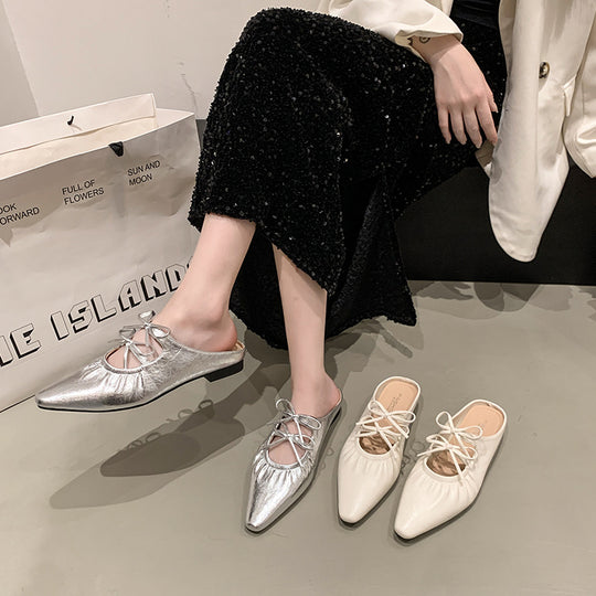 Damen Elegante Mules mit glänzendem Obermaterial und verspielten Schleifen EB