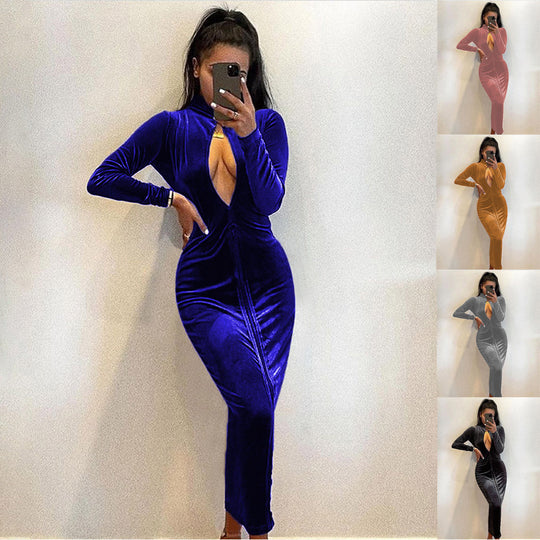 Damen Hochwertiges Samtkleid mit tiefem Ausschnitt und langen Ärmeln EB