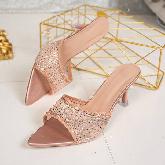 Damen Glamouröse Mules mit funkelnden Strasssteinen und elegantem, transparentem Obermaterial EB