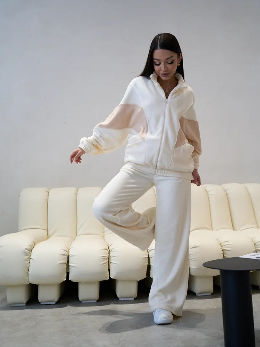 Damen Oversized Fleece-Lounge-Set mit Stehkragen, Reißverschlussjacke und weiter Palazzohose EB