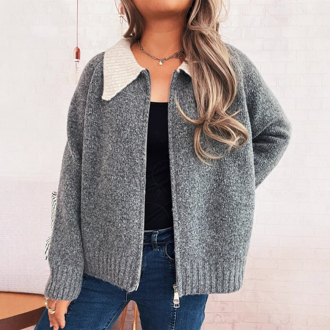 Damen Strickjacke mit modischen Kontrasten und Reißverschluss EB
