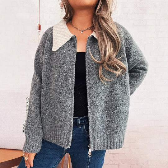 Damen Strickjacke mit modischen Kontrasten und Reißverschluss EB