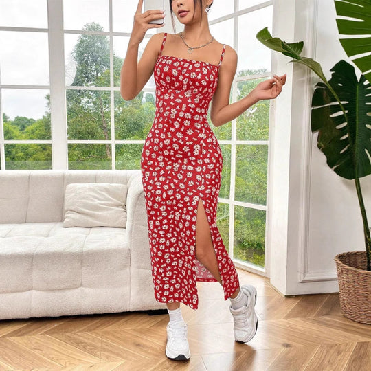 Damen Figurbetontes Maxikleid mit Blumenmuster und elegantem Schlitz EB