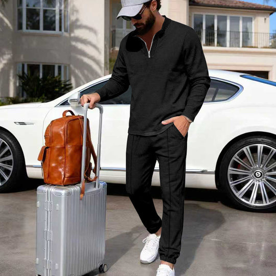 Herren Leichtes Henley-Loungewear-Set mit Kontrastkragen, Tunnelzug-Jogger und elastischen Bündchen EB