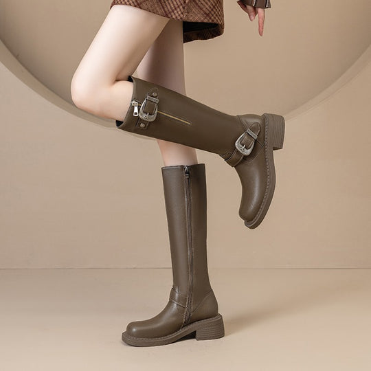 Damen modische Lederstiefel mit trendy Schnallen und komfortabler Sohle EB