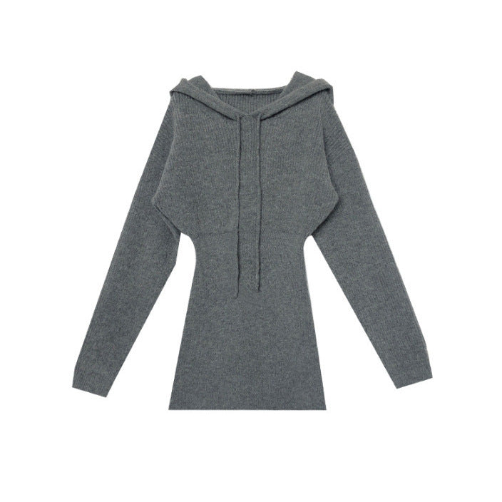 Damen Strickkleid mit Kapuze und langen Ärmeln EB