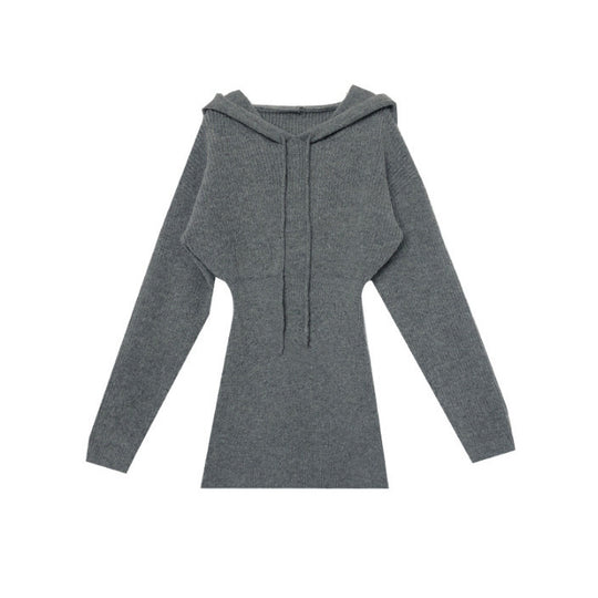 Damen Strickkleid mit Kapuze und langen Ärmeln EB