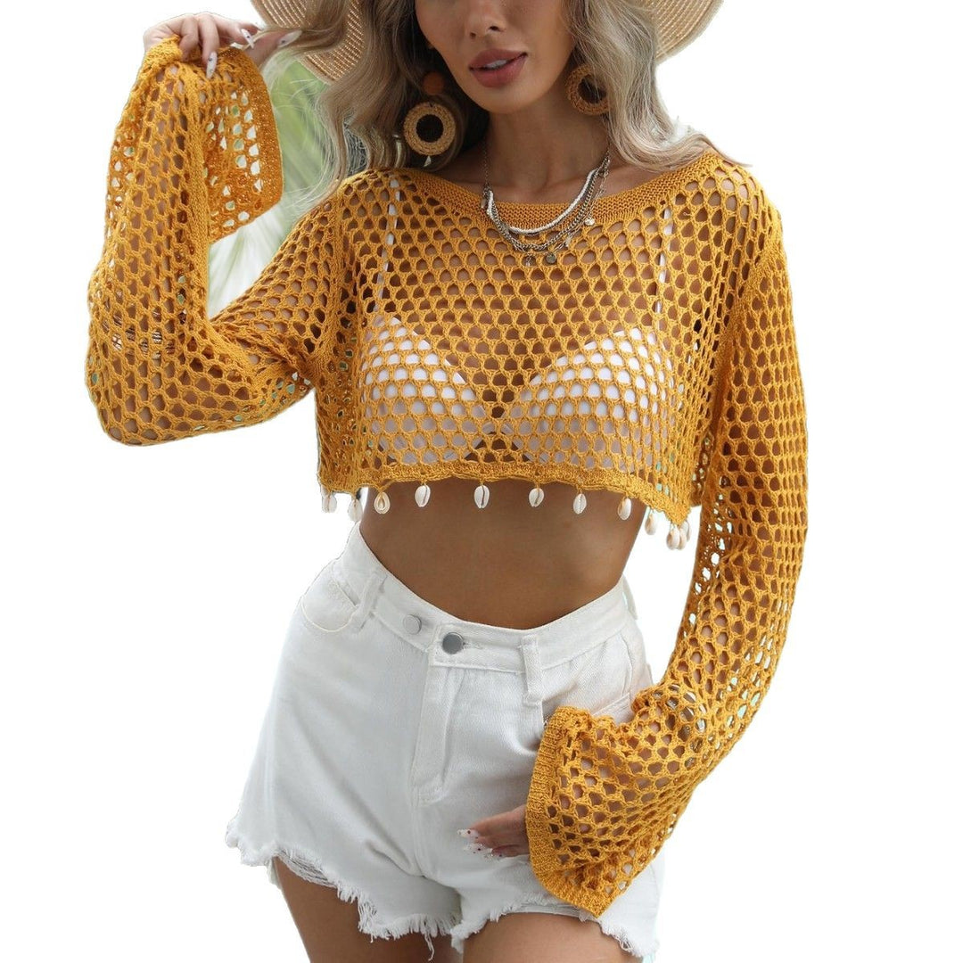 Damen Häkel-Überwurf mit Open-Shoulder Design und Muschelverzierungen EB