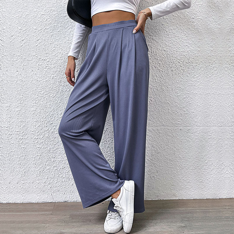 Damen Weite High-Waist-Hose mit eleganten Falten und elastischem Bund EB