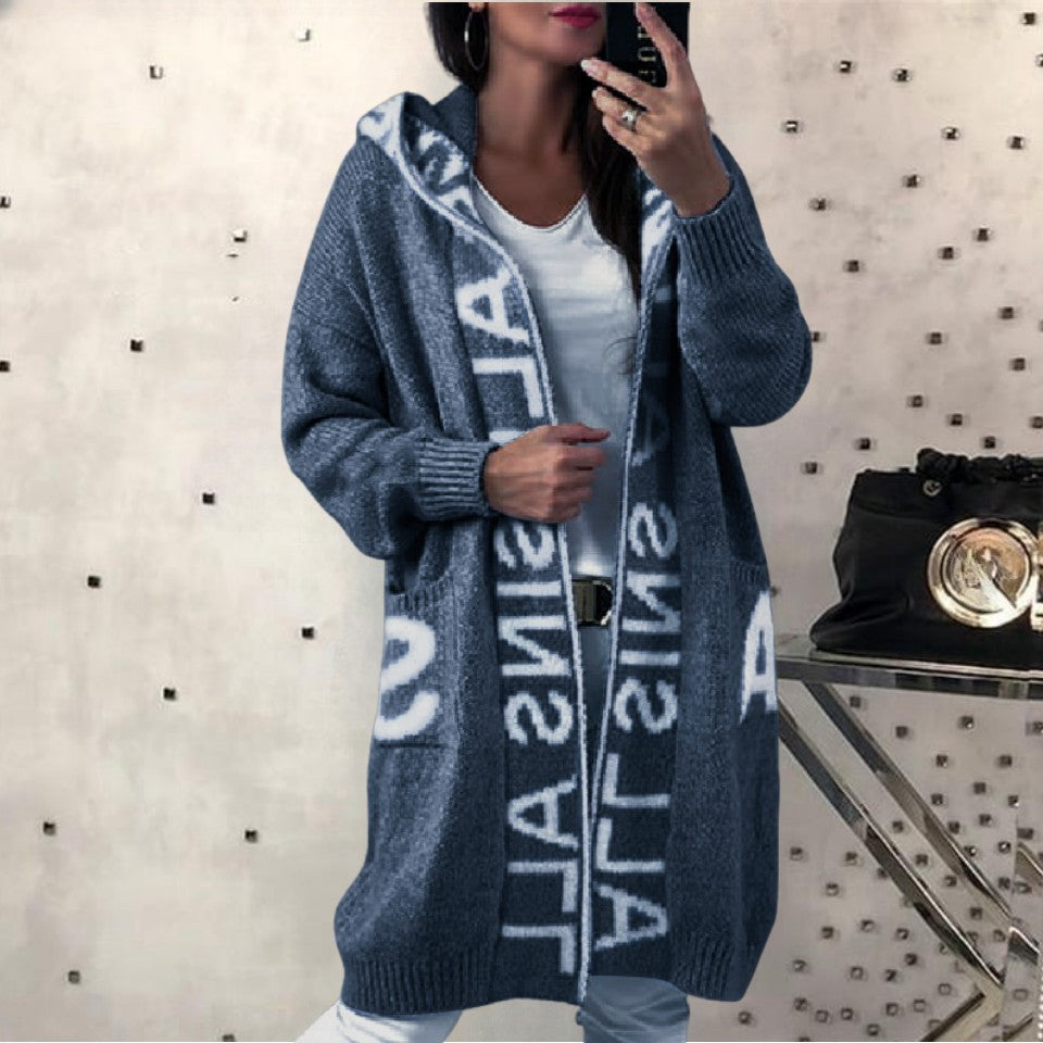 Damen Langarm-Strickcardigan mit Kapuze und praktischen Taschen EB