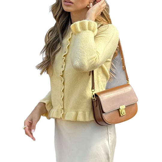 Damen nan kurz geschnittener Strickcardigan mit Volantknopfleiste und gerafften Bündchen EB