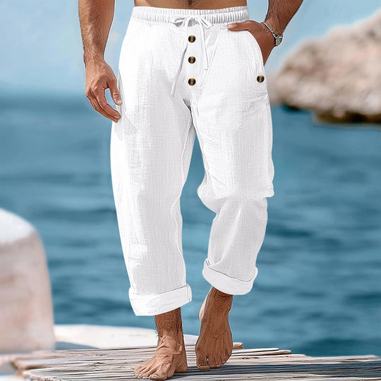 Herren nan lockere Leinen-Baumwoll-Hose mit elastischem Bund, Kordelzug und aufgekrempeltem Saum EB