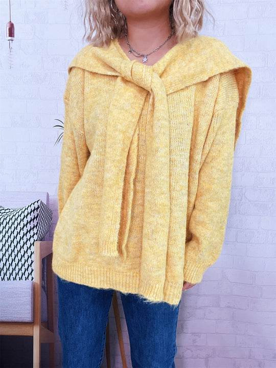 Damen lässiger Strickpullover mit abnehmbarer Kapuze und Knopfdetails EB