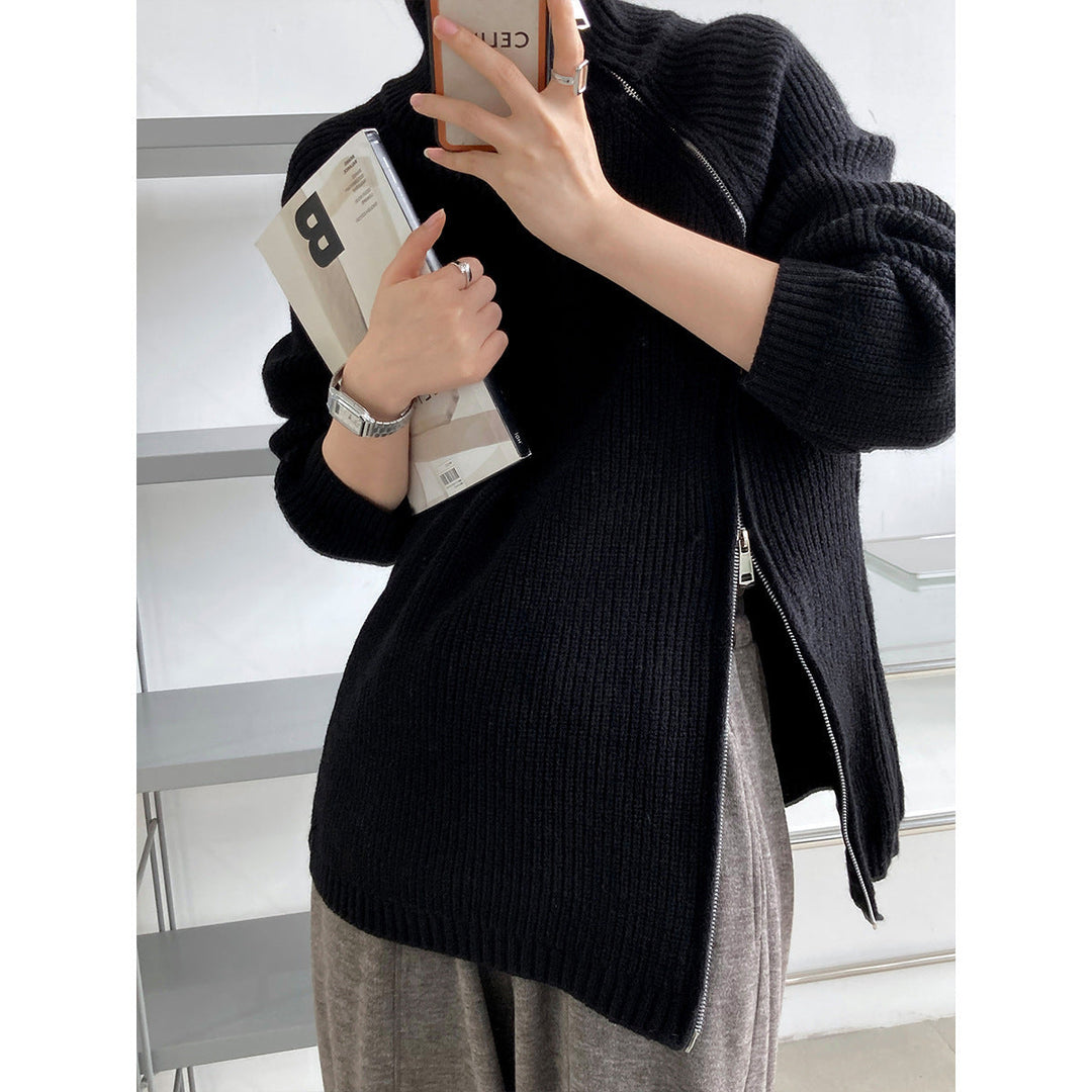 EB | Strickpullover Wollmischung Übergröße Passform Hoher Kragen Reißverschlussdetail