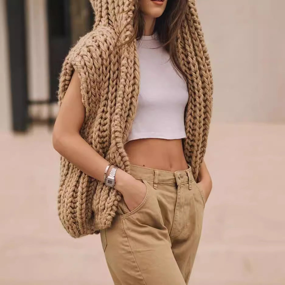 Damen lässige Strickweste mit Kapuze aus grobem Garn EB