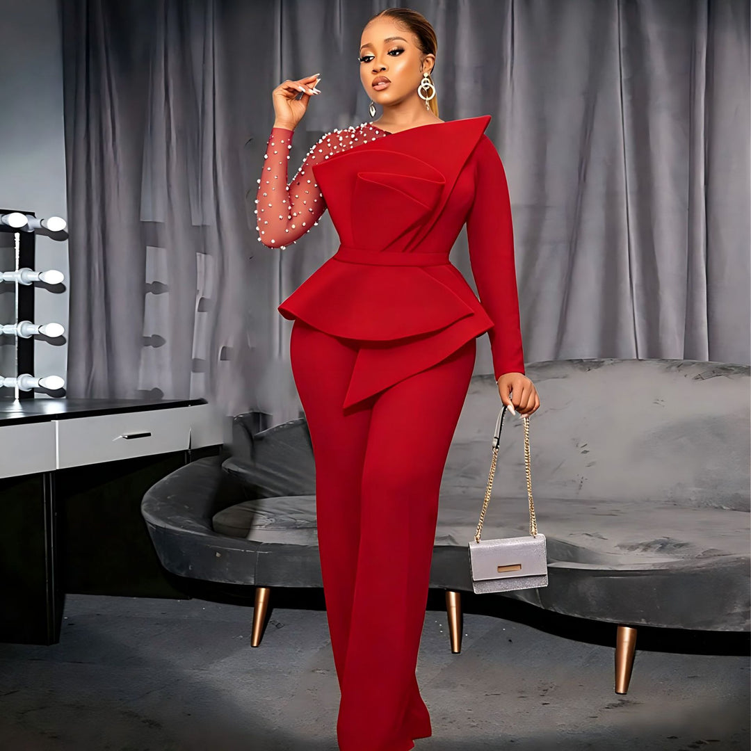 Damen eleganter Jumpsuit mit asymmetrischem Oberteil und raffiniertem Rüschendesign EB