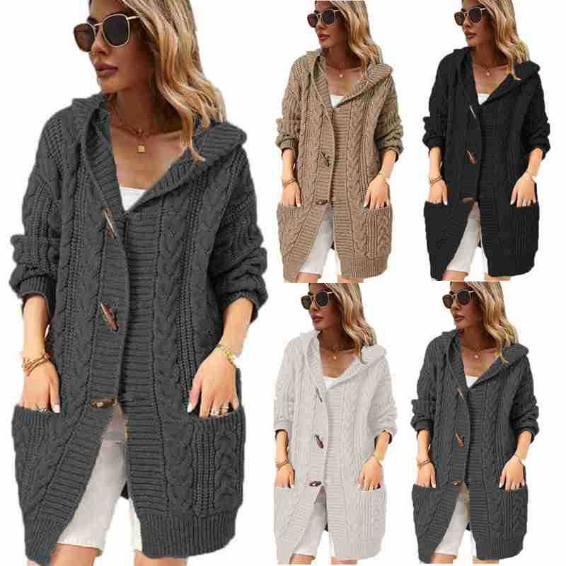 Damen Strickjacke mit Kapuze und Knopfdetails EB