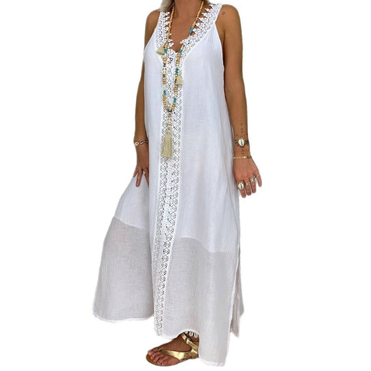 Damen Maxi-Strandkleid mit elegantem Spitzenbesatz und seitlichen Schlitzen EB