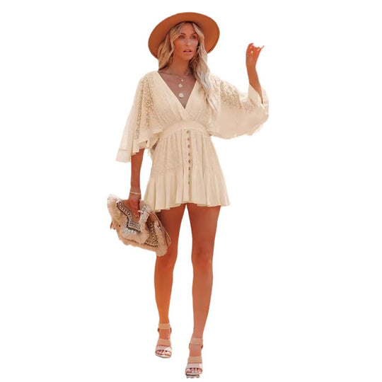 Damen Sommerliches Spitzenkleid mit weitem Schnitt und Knopfdetails EB