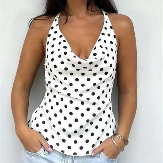 Damen elegantes Top mit lässigem V-Ausschnitt und Punkte-Muster EB