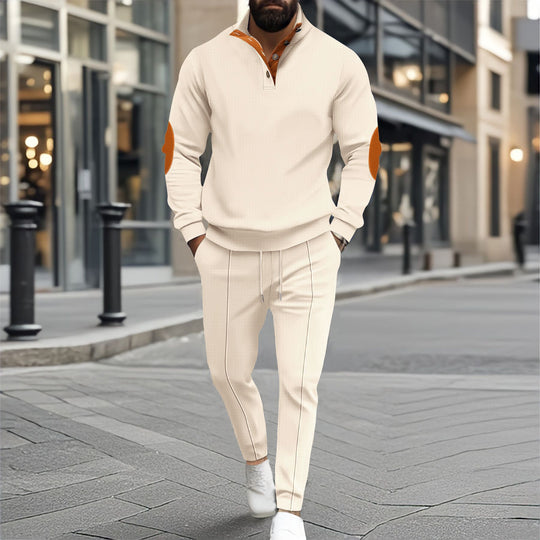 Herren nan feinstrukturiertes Halbkragen-Sweatshirt mit Knopfleiste, dekorativen Ellbogenpatches und legerem Saumabschluss EB