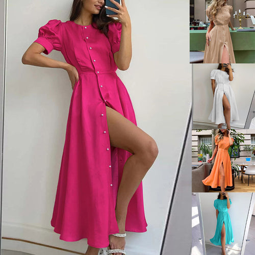 Damen Maxikleid mit Puffärmeln und Knopfleiste EB