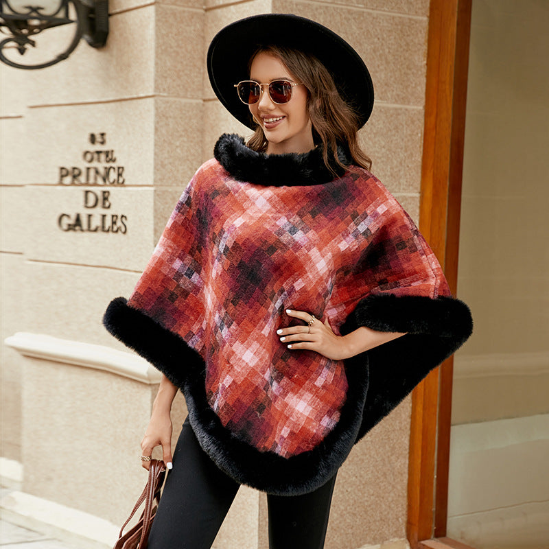 Damen modischer Poncho mit luxuriösem Kunstpelzkragen EB