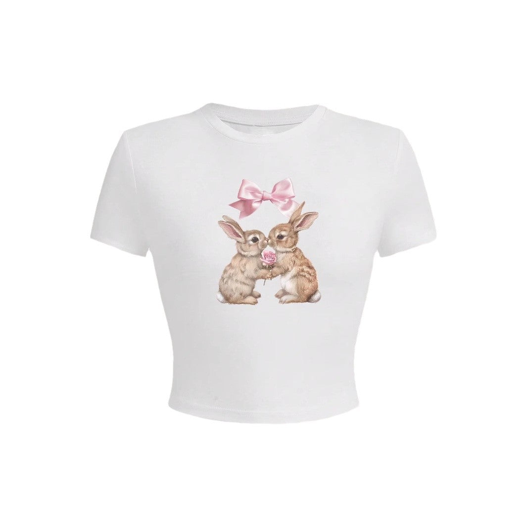 Damen Crop-Top mit entzückendem Kaninchenmotiv und Schleifendruck EB