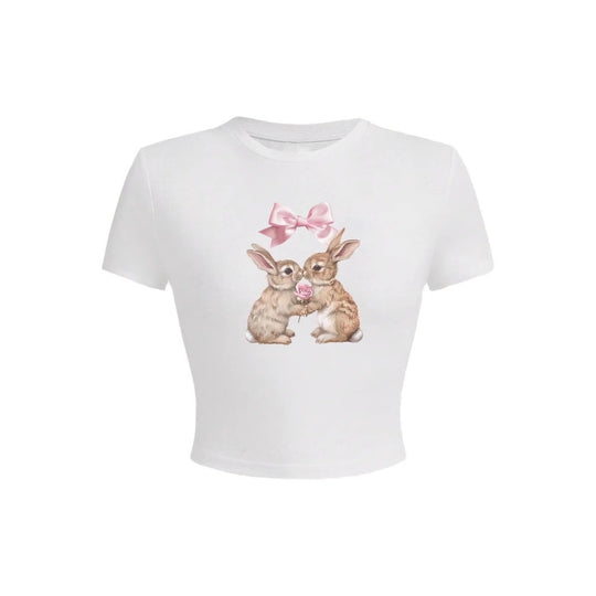 Damen Crop-Top mit entzückendem Kaninchenmotiv und Schleifendruck EB