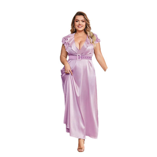 Damen Elegantes Maxikleid mit Rüschendetails und taillierendem Gürtel EB