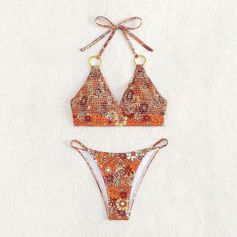 Damen Triangel-Bikini mit floralem Muster und goldenen Ringdetails EB