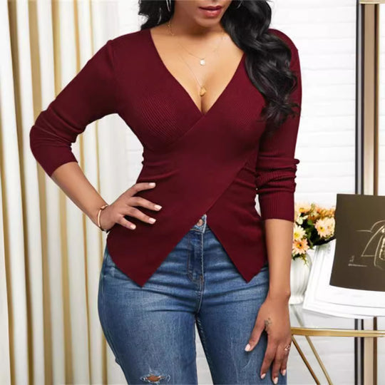 Damen Wickeloberteil mit tiefem V-Ausschnitt und feinem Rippdesign EB