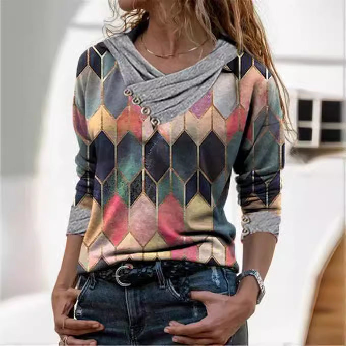 Damen modisches Langarmshirt mit V-Ausschnitt und dekorativen Knopfdetails EB