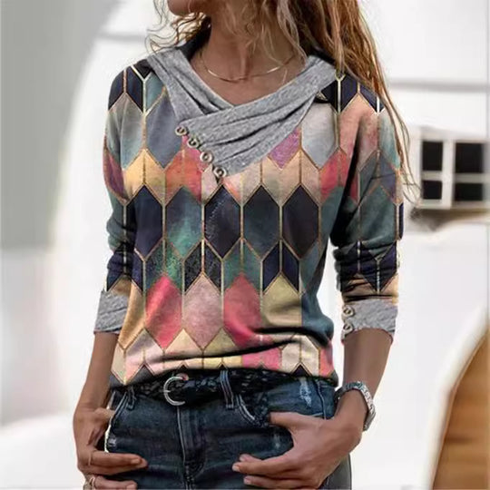 Damen modisches Langarmshirt mit V-Ausschnitt und dekorativen Knopfdetails EB