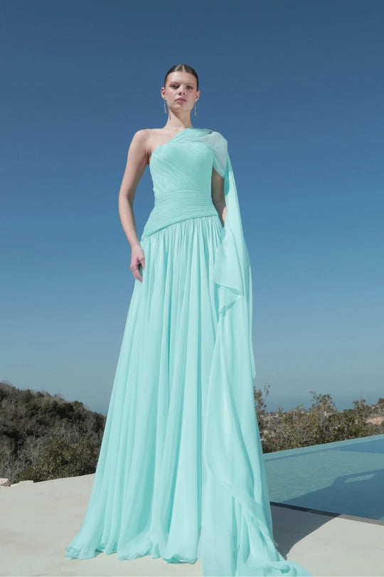 Damen Maxi-Kleid mit asymmetrischem Ausschnitt und fließendem Stoff EB