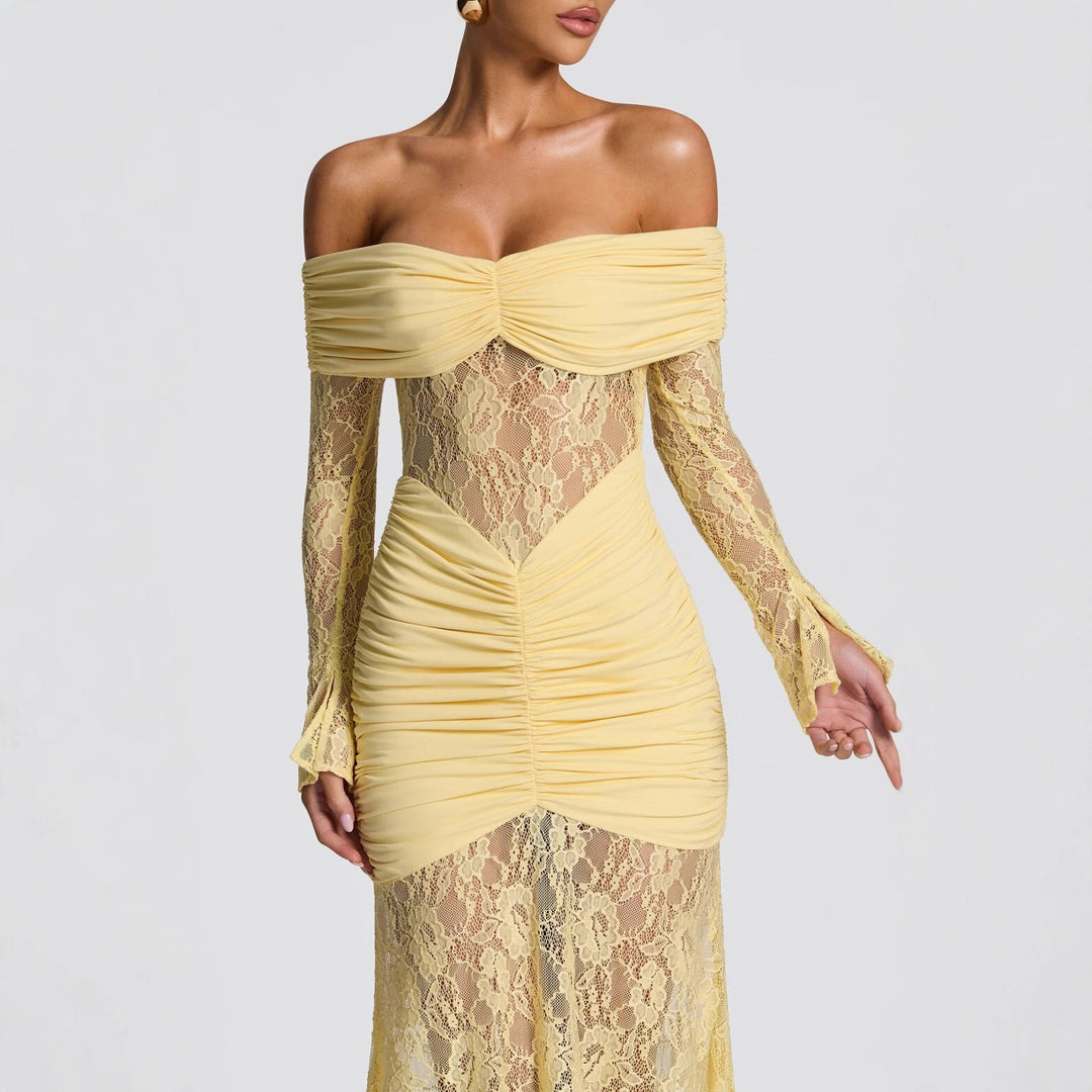 Damen elegantes Spitzenkleid mit Off-Shoulder-Ausschnitt und Raffungen EB