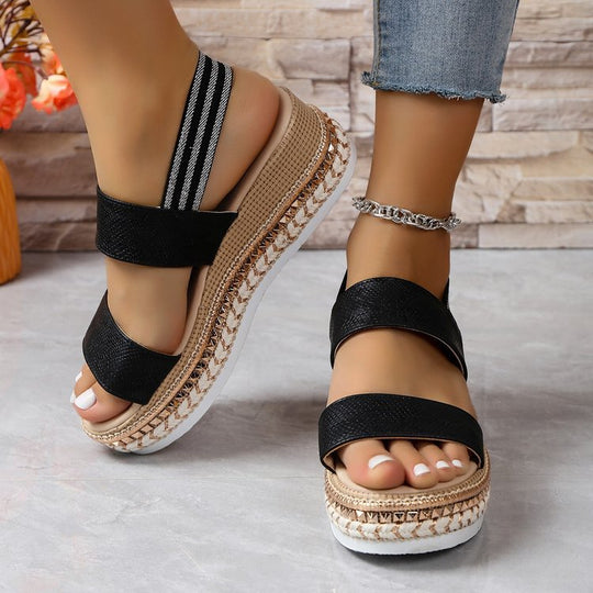 Damen Riemensandalen mit modischer Schmuckverzierung und Plateau-Rand EB