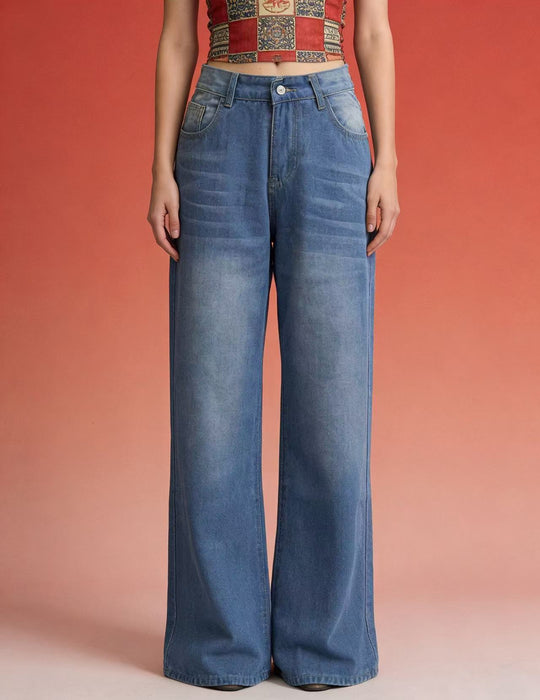 Damen weite Denim-Hose mit Vintage-Waschung und hoch geschnittenem Bund EB