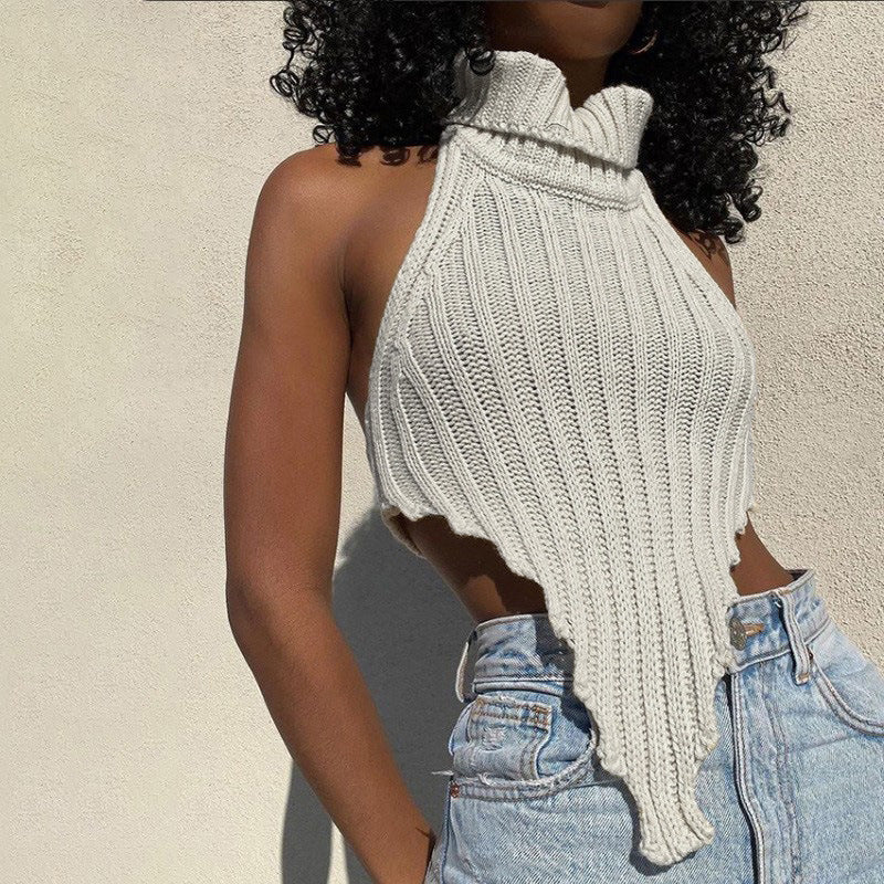 Damen cropped Stricktop mit hohem Kragen EB