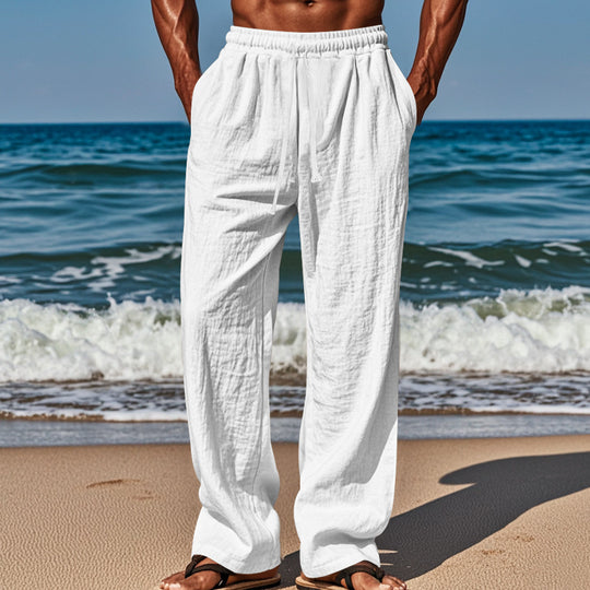 Herren Leichte Leinenhose mit weitem Schnitt, Elastikbund und Kordelzug EB